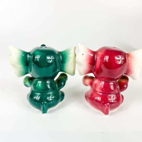 Vintage Elephant Salt & Pepper Shakers Set Green Red Ceramic Hand-Painted MCM - Picture 3 of 6